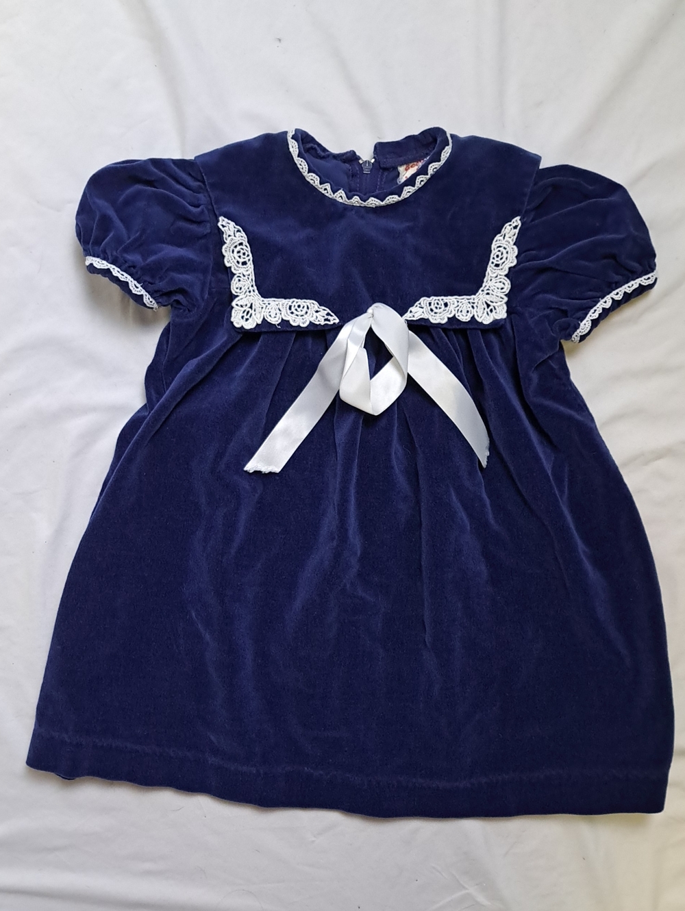 Vintage Good Lad Navy Blue Velvet Lace Puff Sleeve Dress Made In USA Girls 5